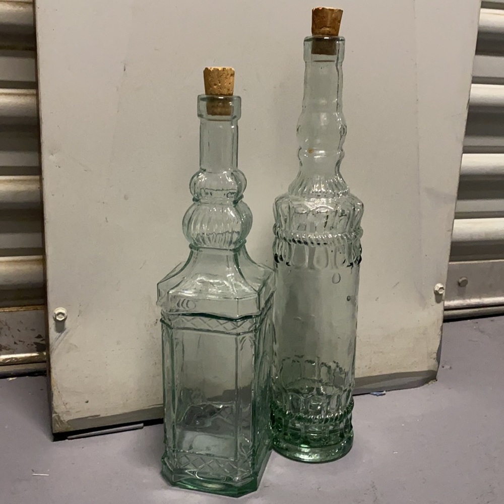 2 Decorative Hand-Blown Glass Bottles W/Stoppers